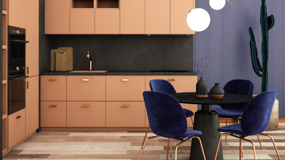 Стоит учесть, что на синей кухне должно быть всегда хорошее освещение: большие окна и искусственное теплое освещение в темное время суток. Фото: Ume illustration / Shutterstock / Fotodom