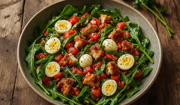 Салат из листьев одуванчика, курицы и овощей