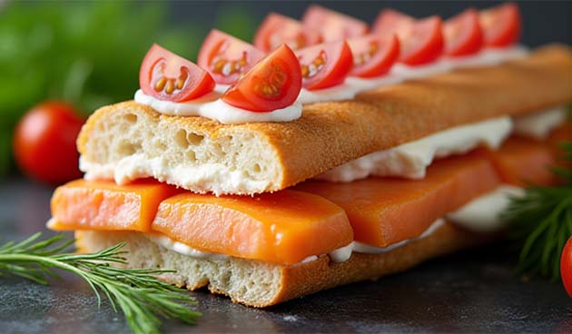 Закрытый бутерброд с красной рыбой, сыром и лимоном