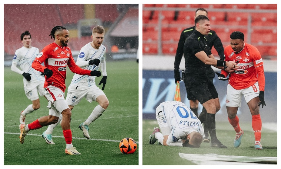 Бонгонда идет в атаку, а Маркинос возмущается грубой игрой соперника. Фото: Соцсети ФК «Спартак»